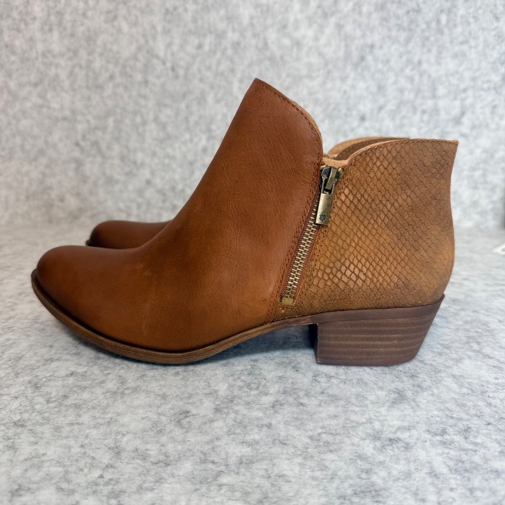 Lucky Brand Blare Ankle Booties Women 9.5W Toffee Cognac Leather Snakeskin Heel